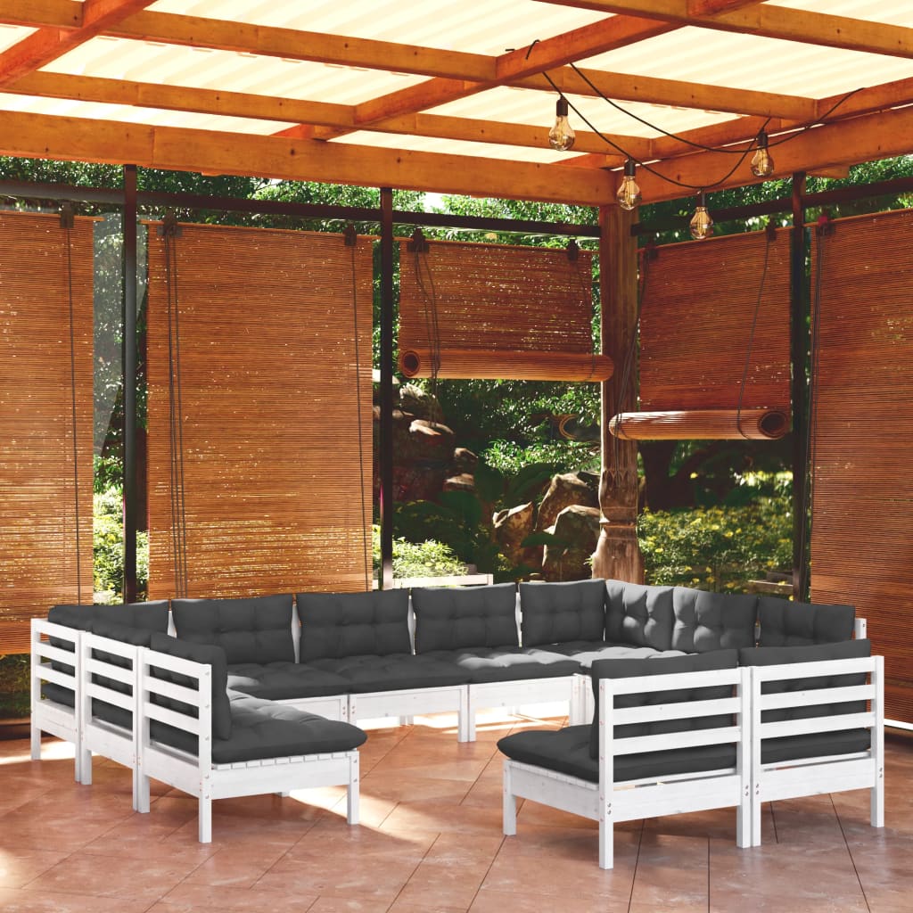 11-tlg. Garten-Lounge-Set mit Kissen Weiss Kiefer Massivholz